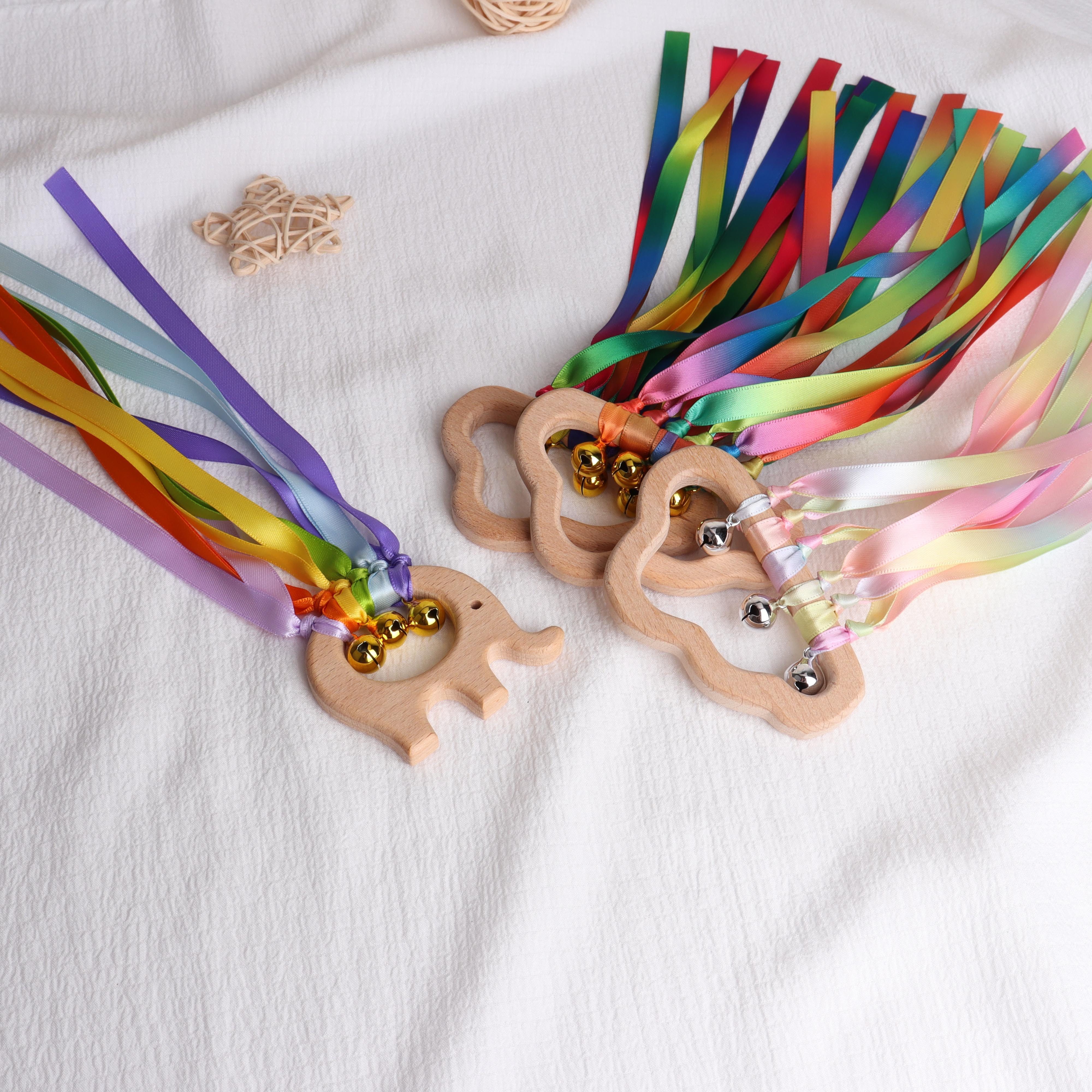 12 Pcs Rainbow Ribbon Wooden Waldorf Toys Creative Waldorf Hand Kite Set  Streamers with Wood Ring Sensory Learning Educational Toy for Playroom