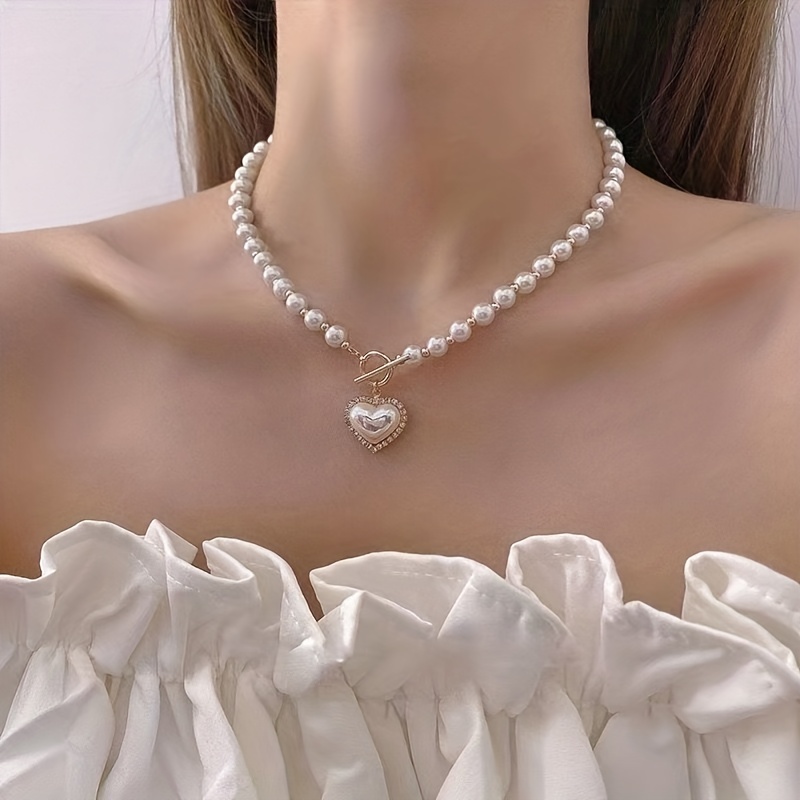 Faux Pearls Beads Necklace Heart Shape Pendant Lovely Neck Jewelry Perfect  For Any Occasion
