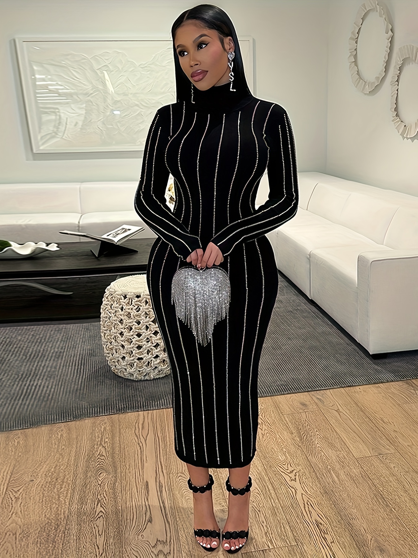 rhinestone long sleeve bodycon black dress elegant high neck solid color party club evening long dresses streetwear for fall winter womens clothing