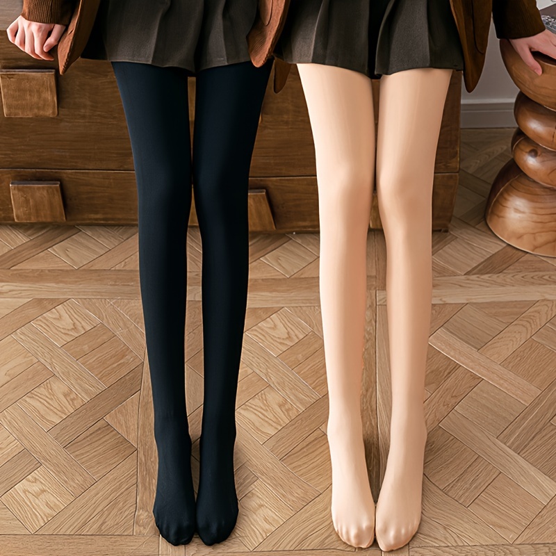 Solid Plush Lined Pantyhose High Waist Elastic Footed Tights