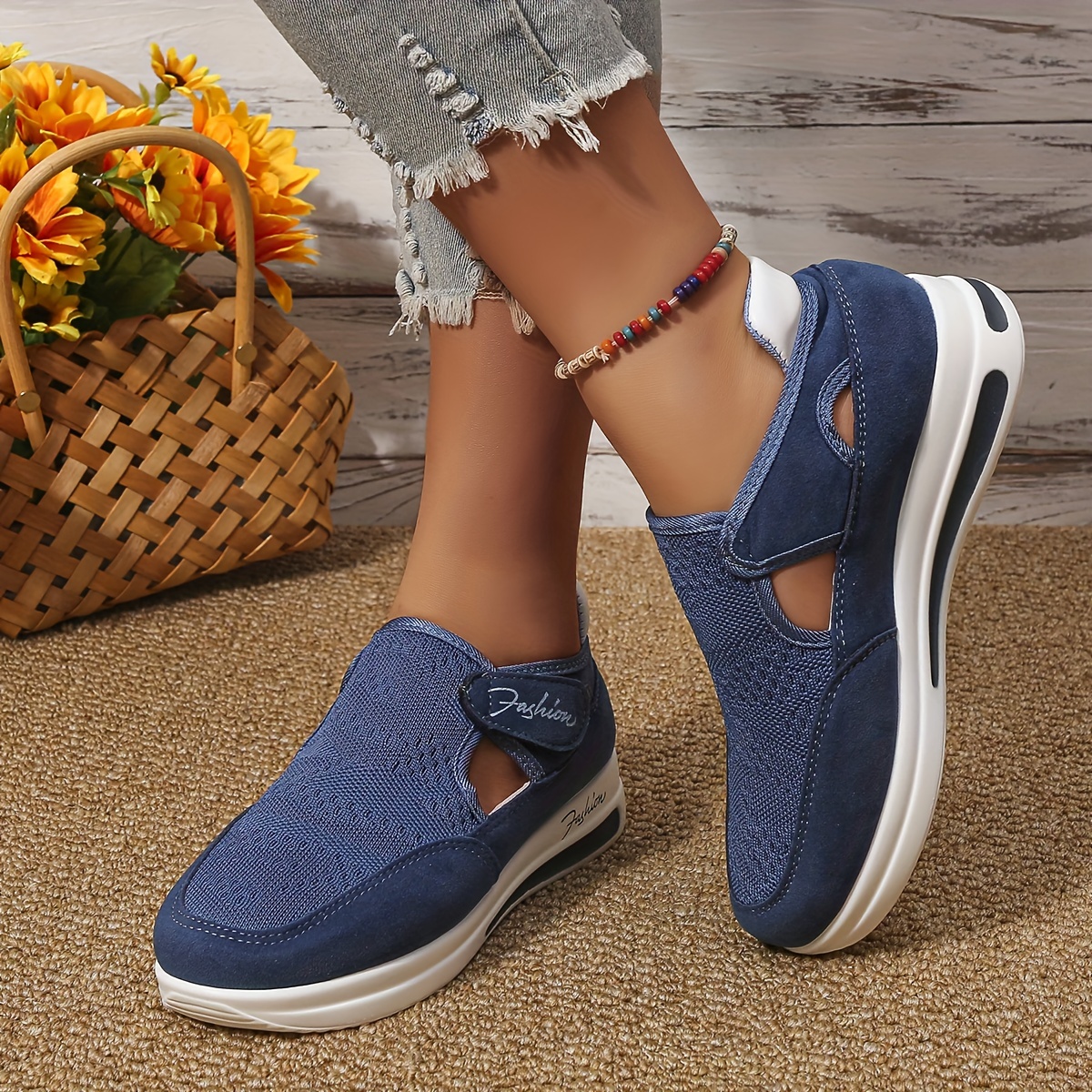 Women's Knit Platform Sneakers Hook & Loop Shoes Cutout Comfortable Outdoor