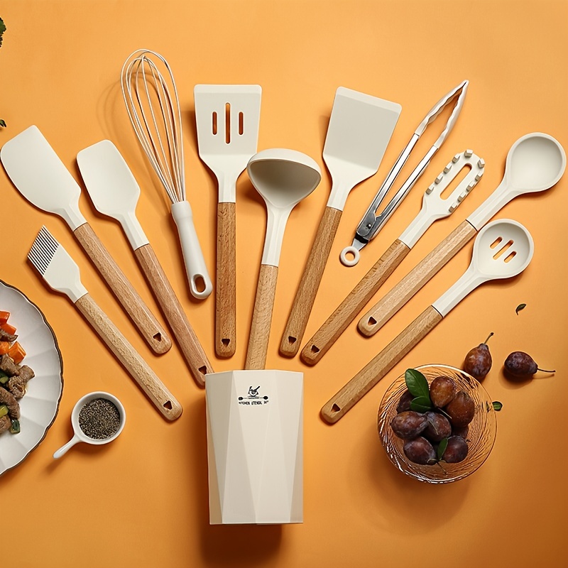 14pcs Wooden-handle Silicone Kitchenware Set, Non-stick Cookware