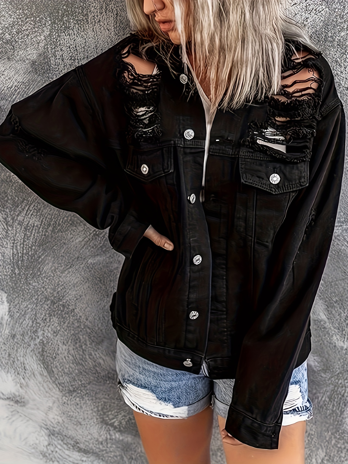 Black oversized hot sale ripped denim jacket