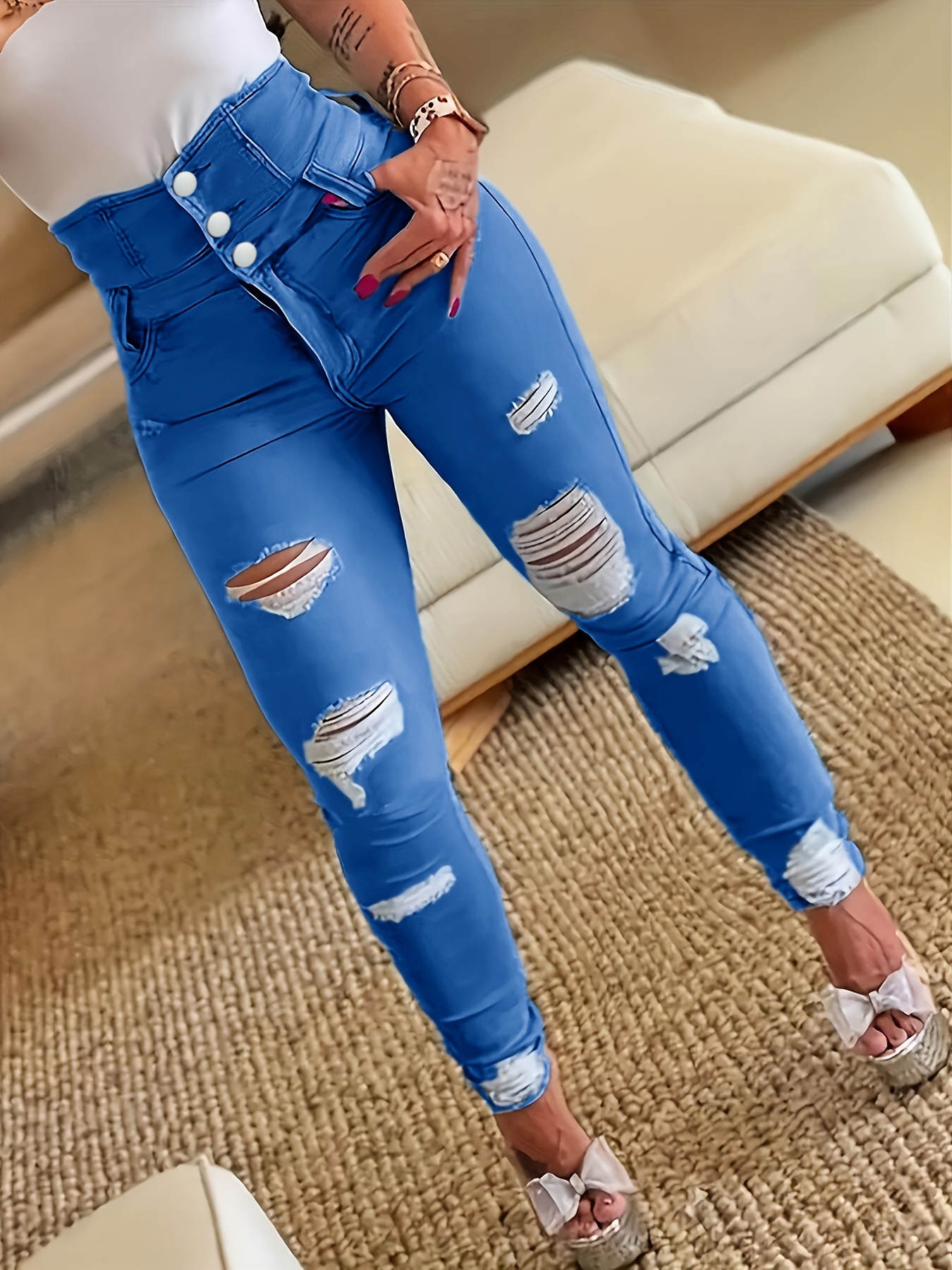 ripped holes casual skinny jeans slash pockets distressed single breasted button high waist denim pants womens denim jeans clothing details 0
