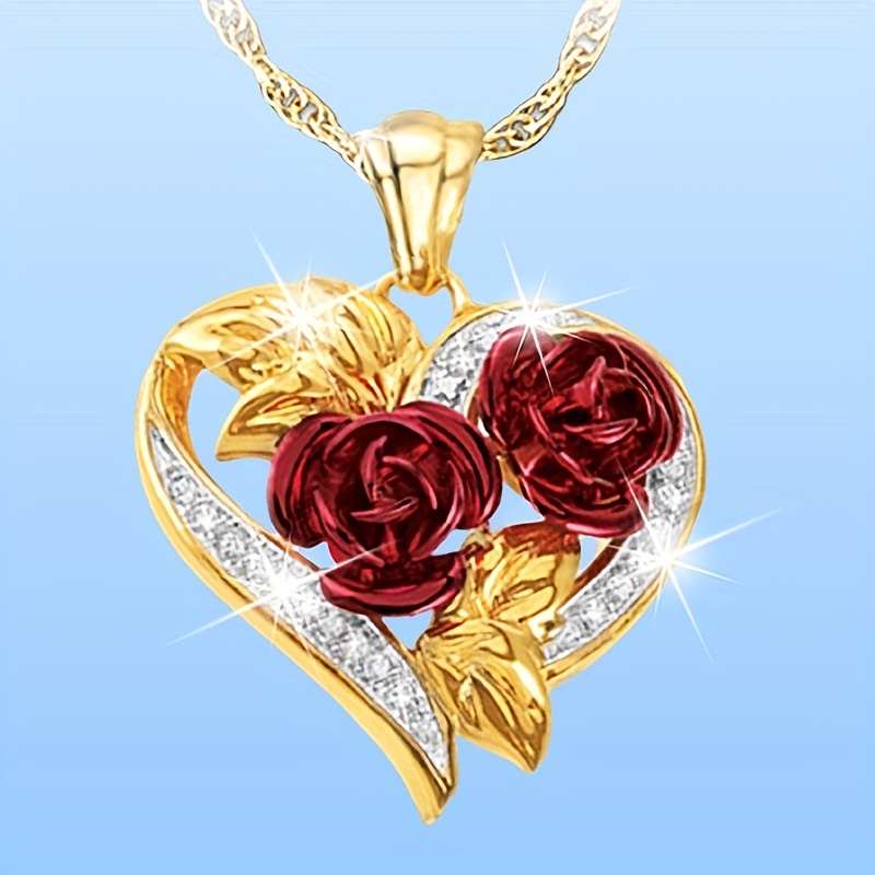 Women's Rose Flower Heart-Shaped Rhinestone Pendant Necklace
