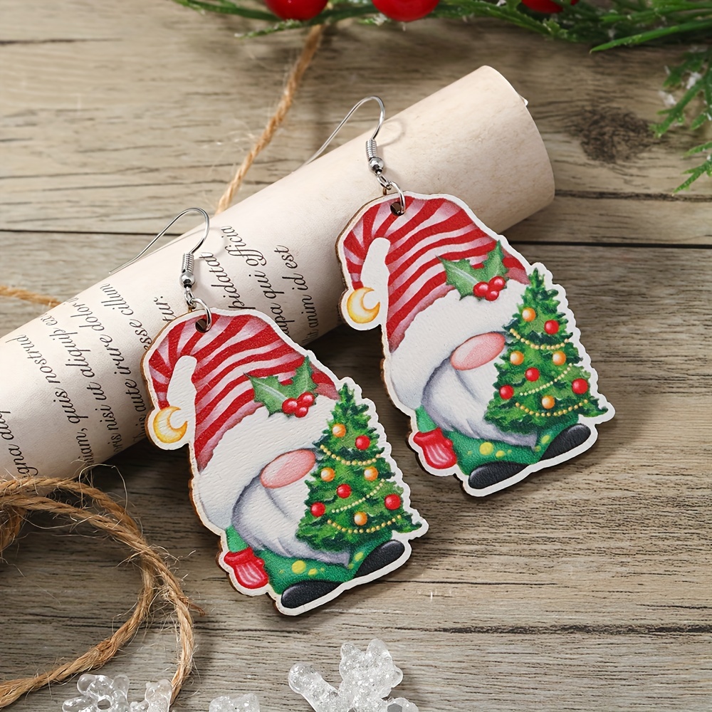 festive wooden santa claus christmas tree earrings cute Temu Canada