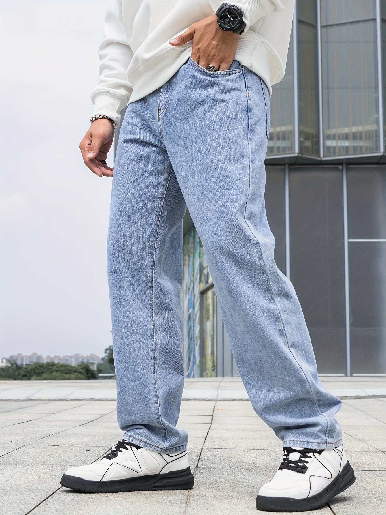 Loose Fit Wide Leg Jeans Men's Casual Street Style Denim - Temu Canada