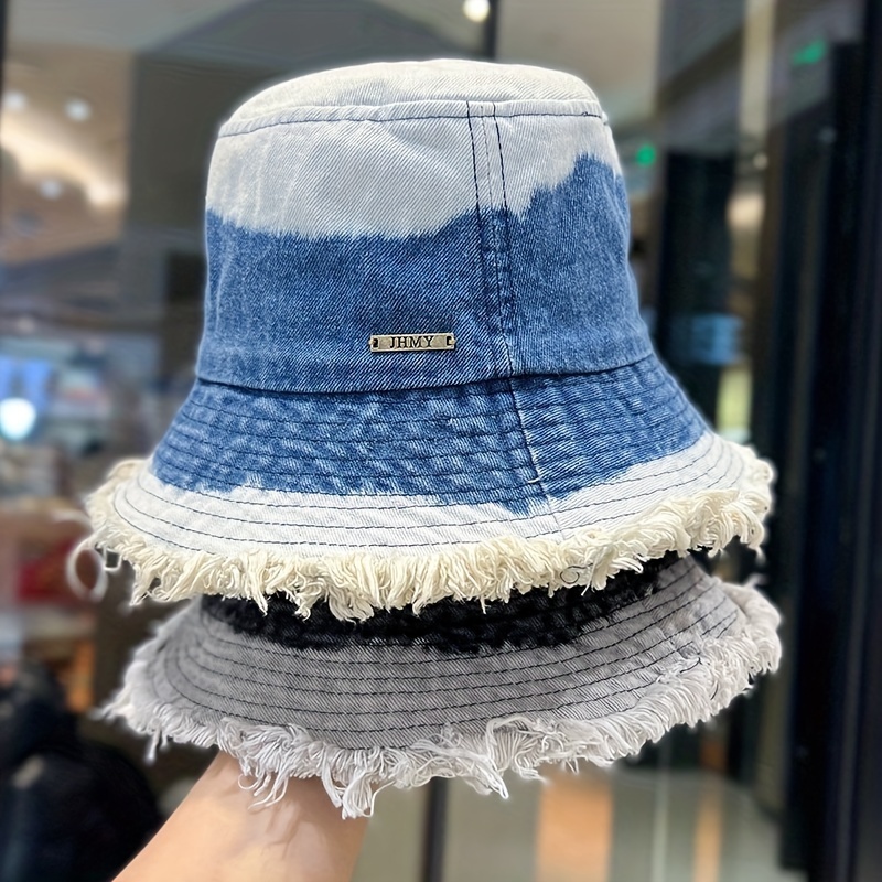 1pc Round Top Denim Bucket Hat Spring Summer Fashion Solid Color