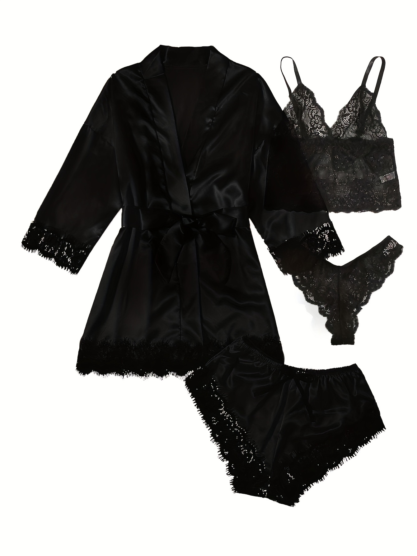 Seductive Lace Mesh Lingerie Set, Long Sleeve Robe & Bra & Panties, Women's  Sexy Lingerie & Underwear