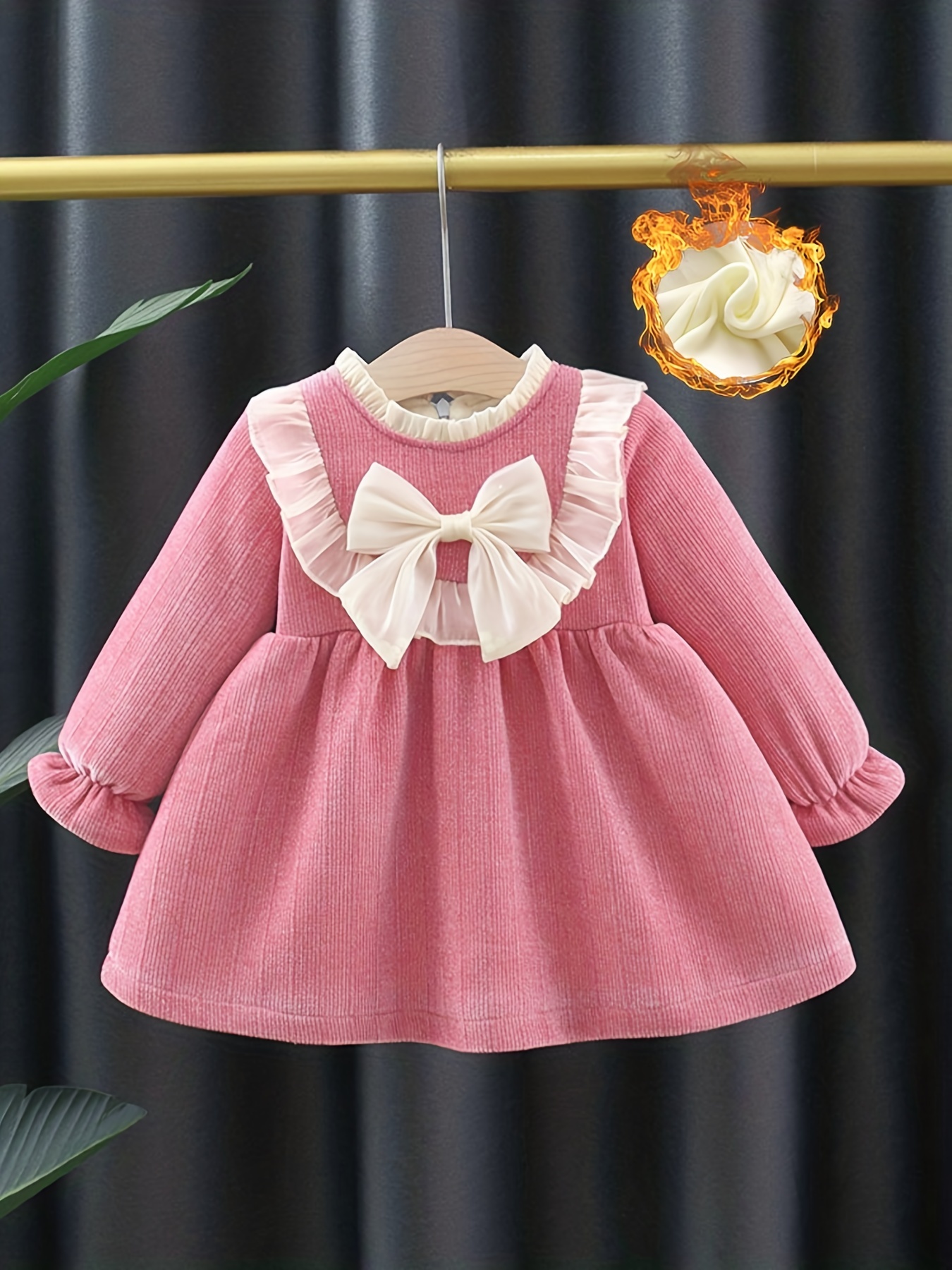 Baby Girls Bow Ruffle Plus Fleece Thick Court Style Party - Temu