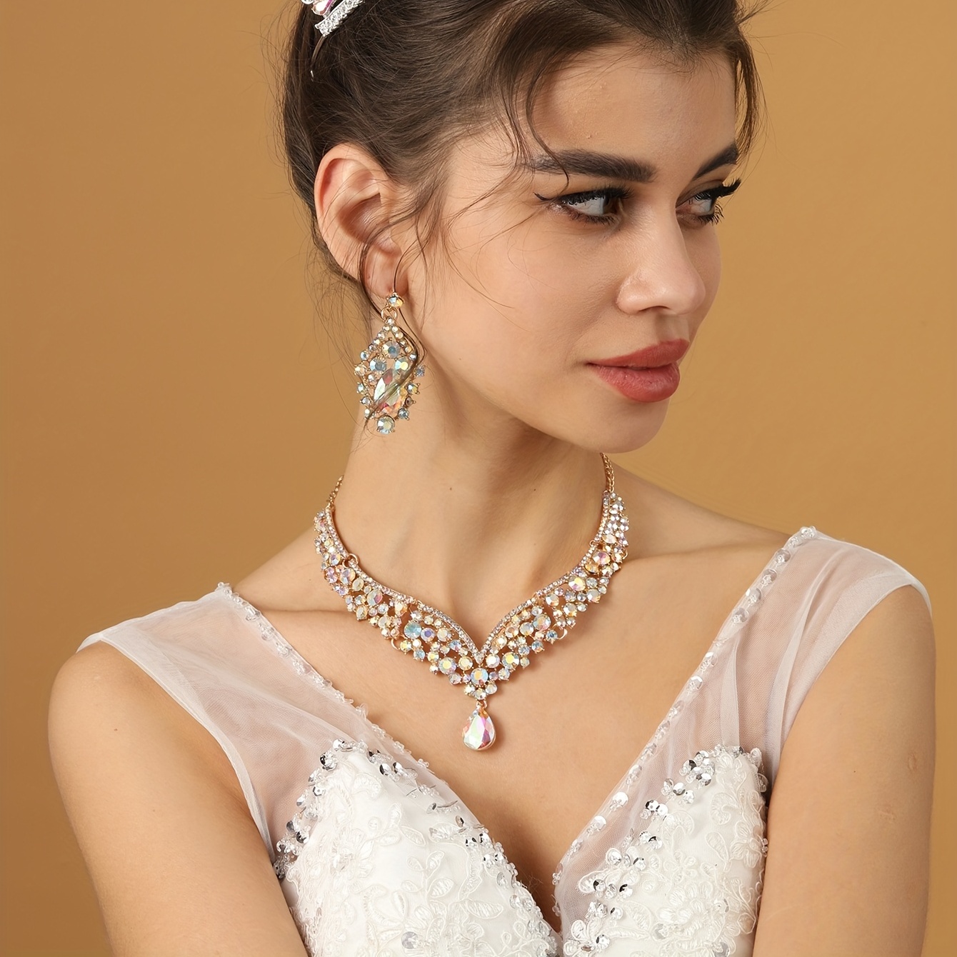 Silvery Bridal Crown Necklace Earrings Set Rhinestone - Temu