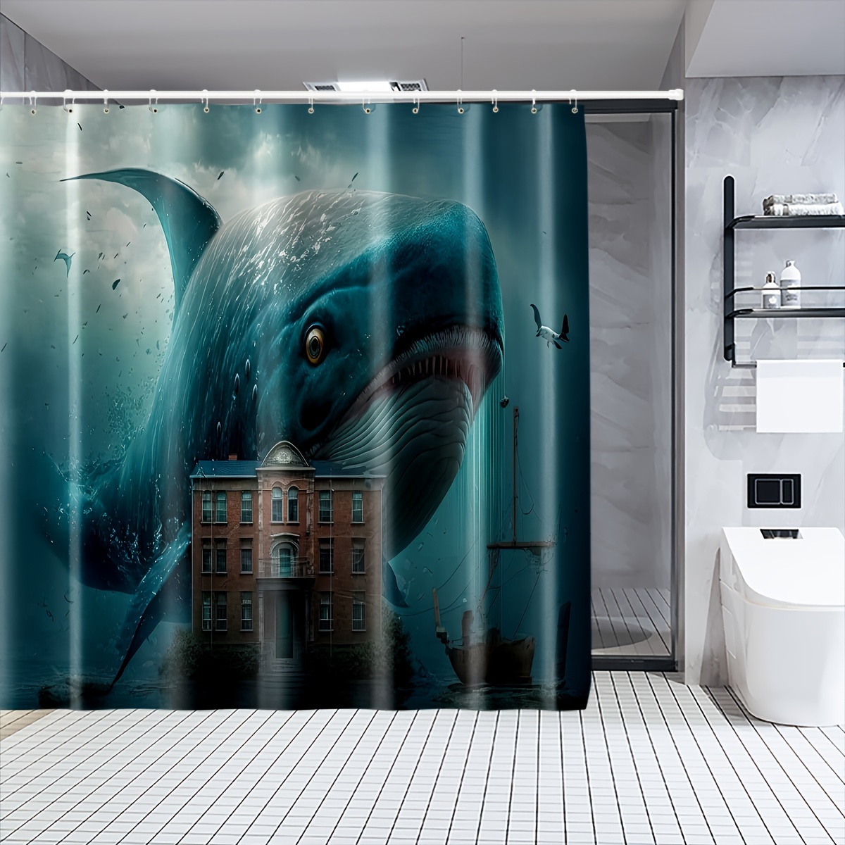 Huge Shark House Pattern Shower Curtain Waterproof Shower - Temu