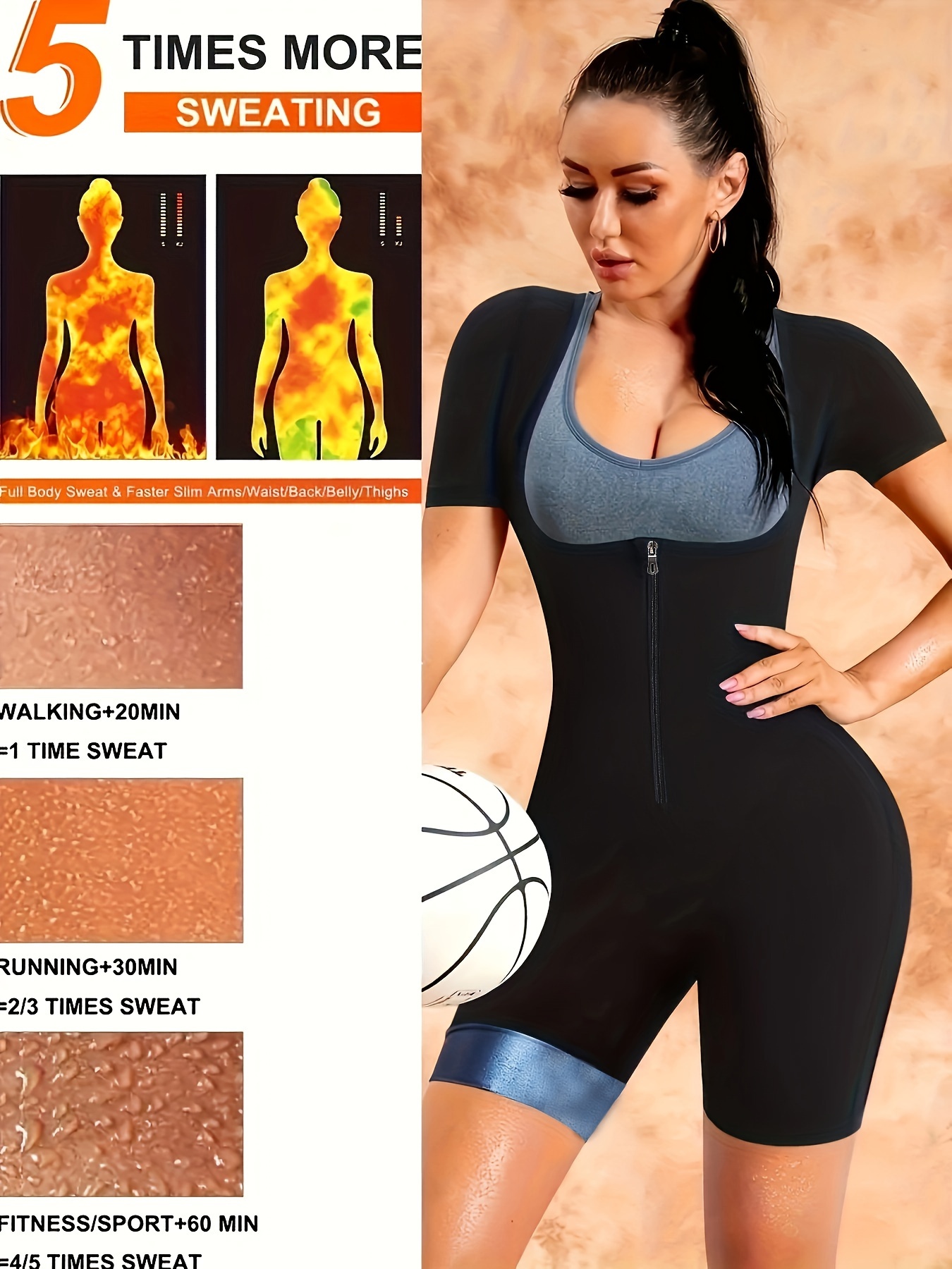 Short Sleeve Body Shaper Sweat Bodysuit, Zipper Sauna Sweat Hip Lifting  Tummy Control Shapewear For Women, Women's Activewear