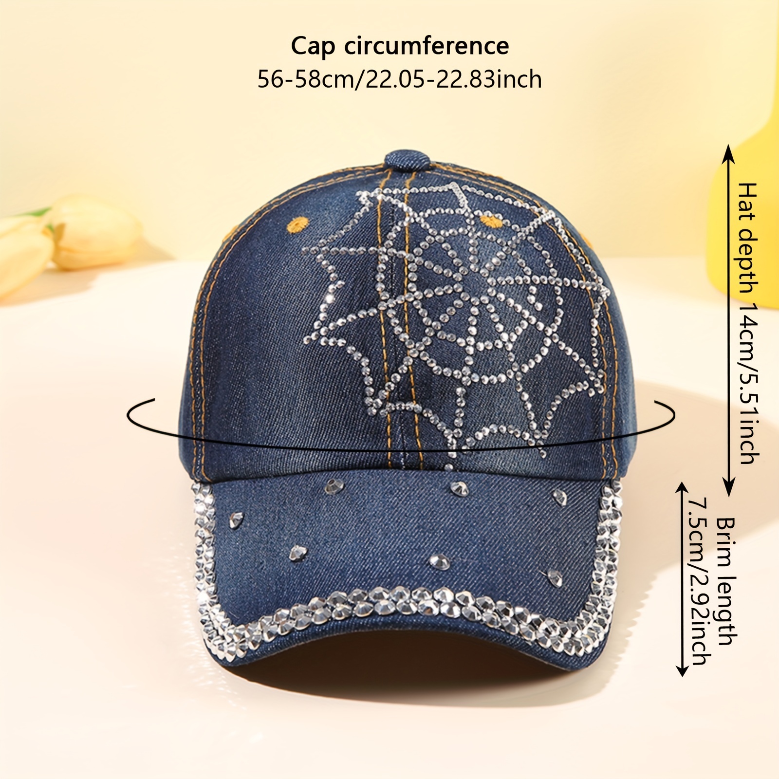 Rhinestone Spider Web Baseball Cap Blue Denim Washed Hip Hop Sun Hat Y2K  Trendy Dad Hats For Women