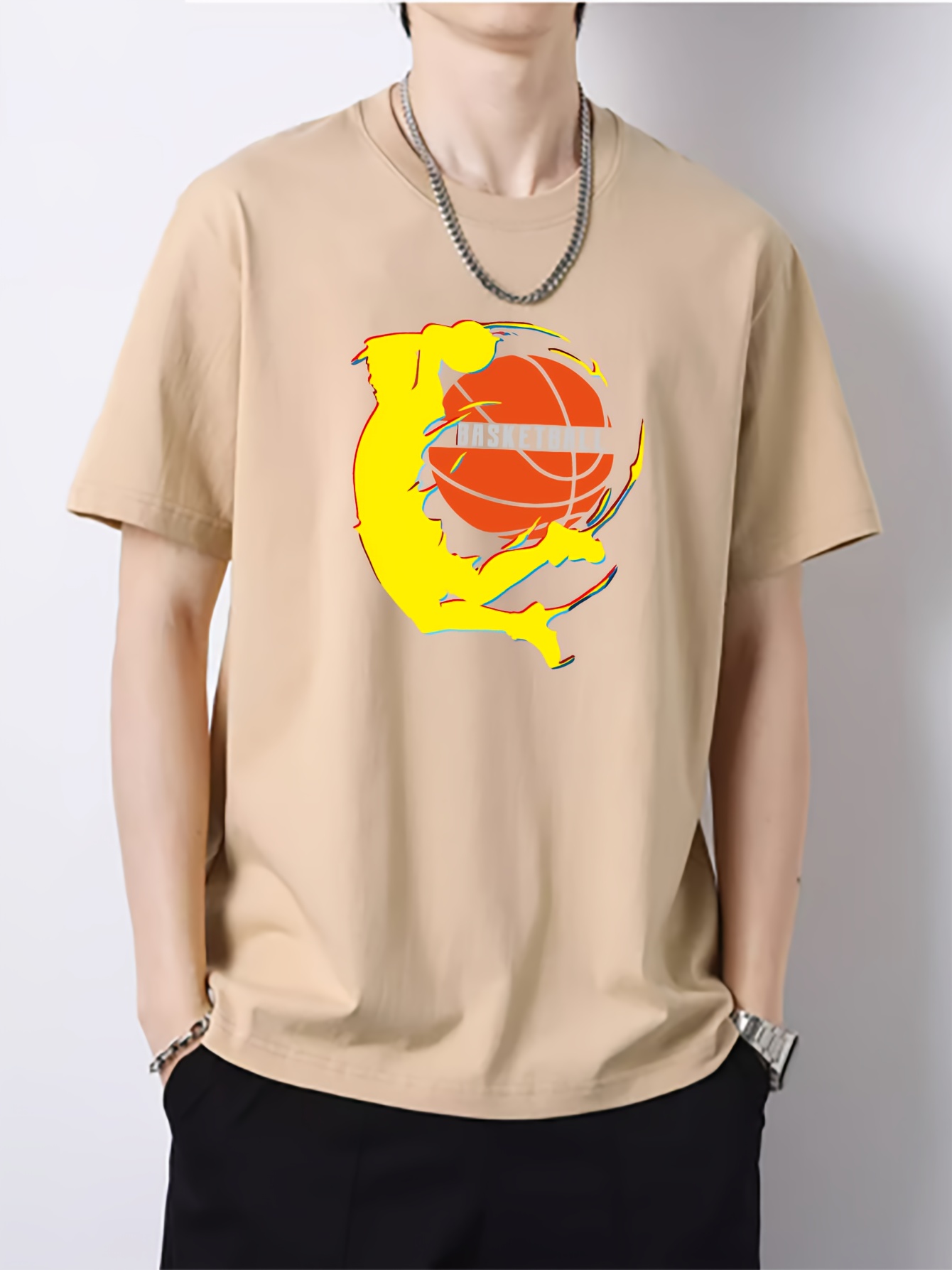 Basketball & Slogan Pattern Print Men's T-shirt, Graphic Tee Men's Summer  Clothes, Men's Outfits - Temu