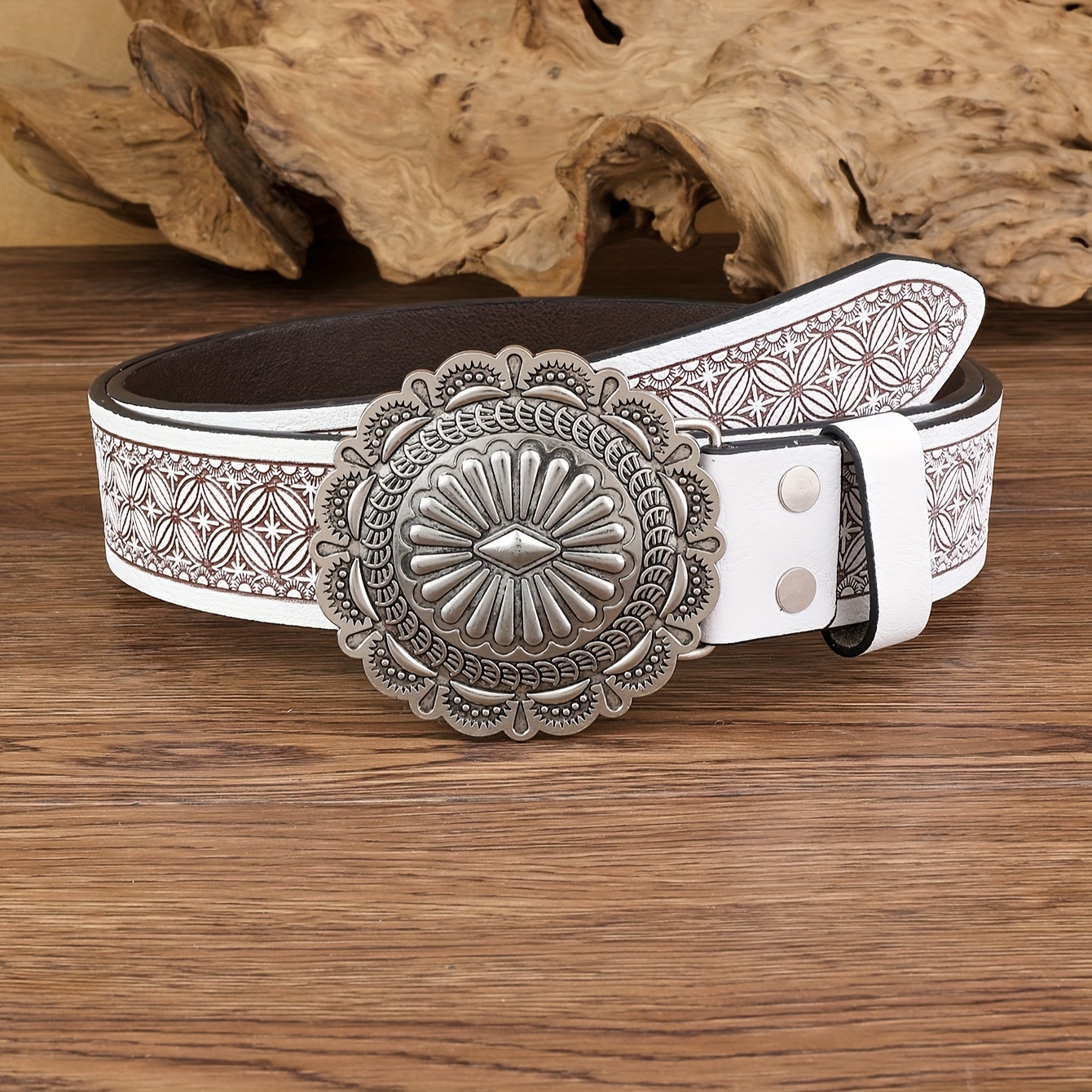 Vintage Flower Buckle Belt White PU Leather Flower Embossed Western Belts  For Women Classic Jeans Pants Waistband