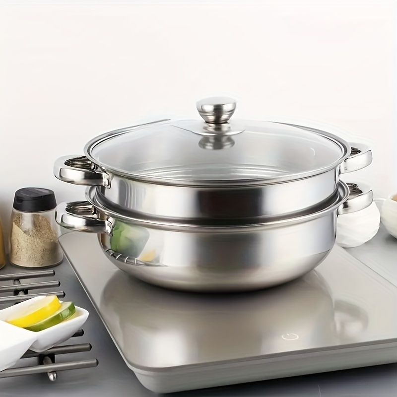 3pcs/set, Steamer Stainless Steel Household Multi-layer Steamer Large  Steaming Cage Steaming Cooking Soup Pot Integrated Gas Electromagnetic  Stove Use