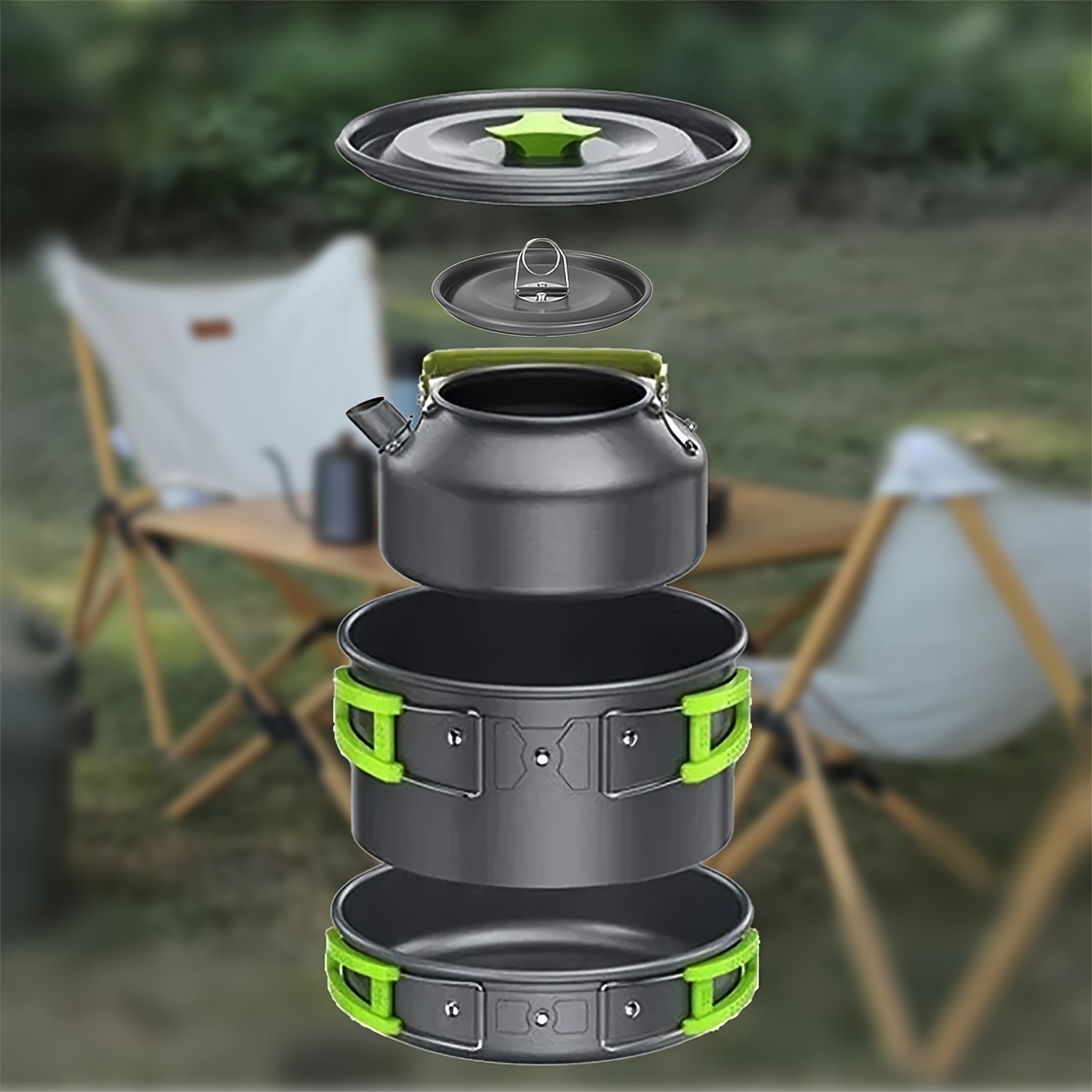 Batterie de cuisine pliante avec combinaison de vaisselle, camping