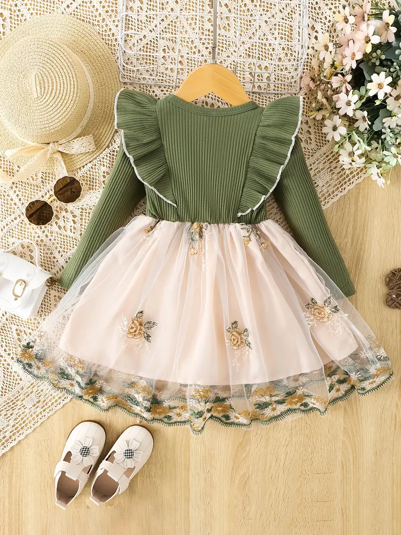 girls ruffle long sleeve bow stitching flower mesh tutu dress for toddler kids spring autumn details 0