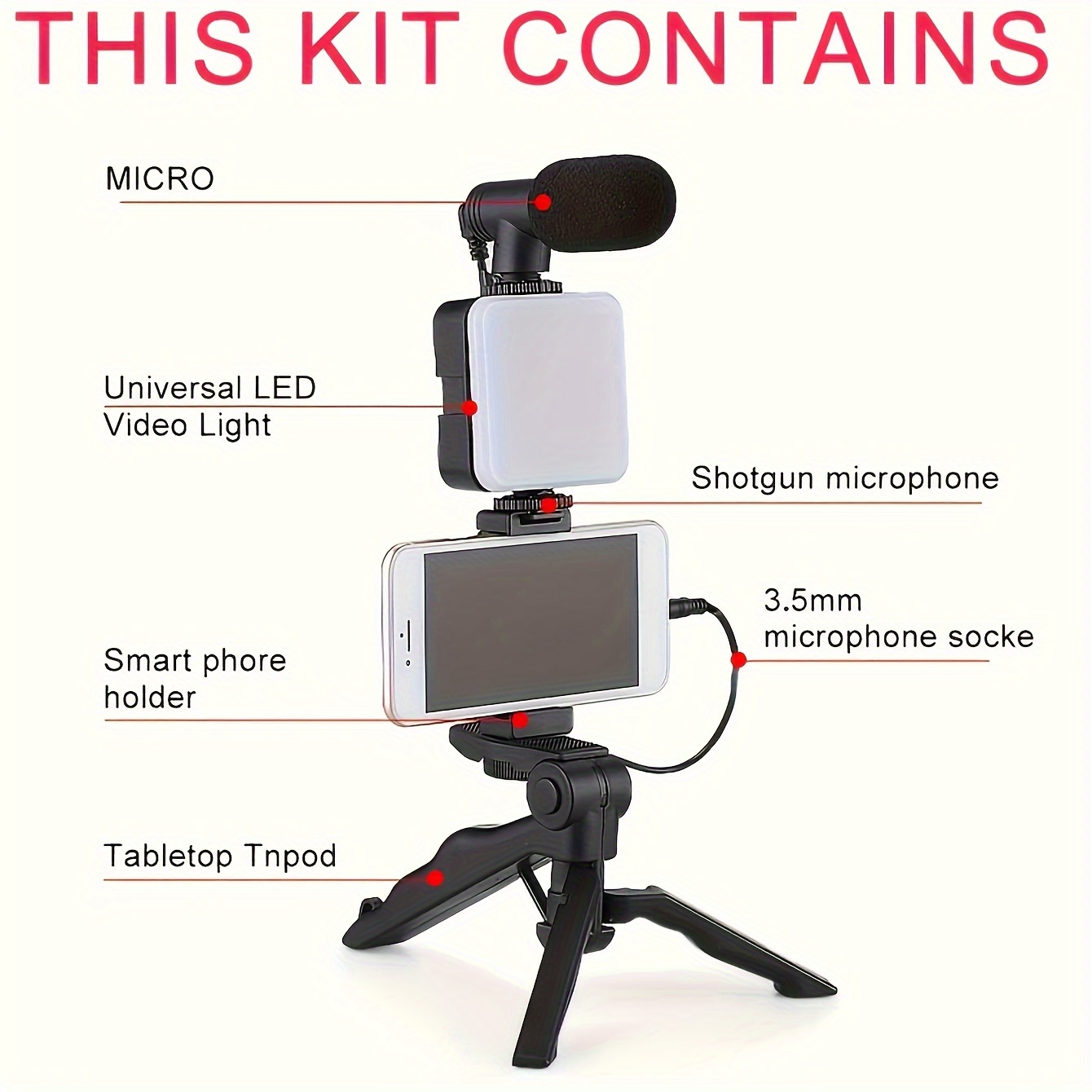 Kit de trípode con micrófono y luz para móvil