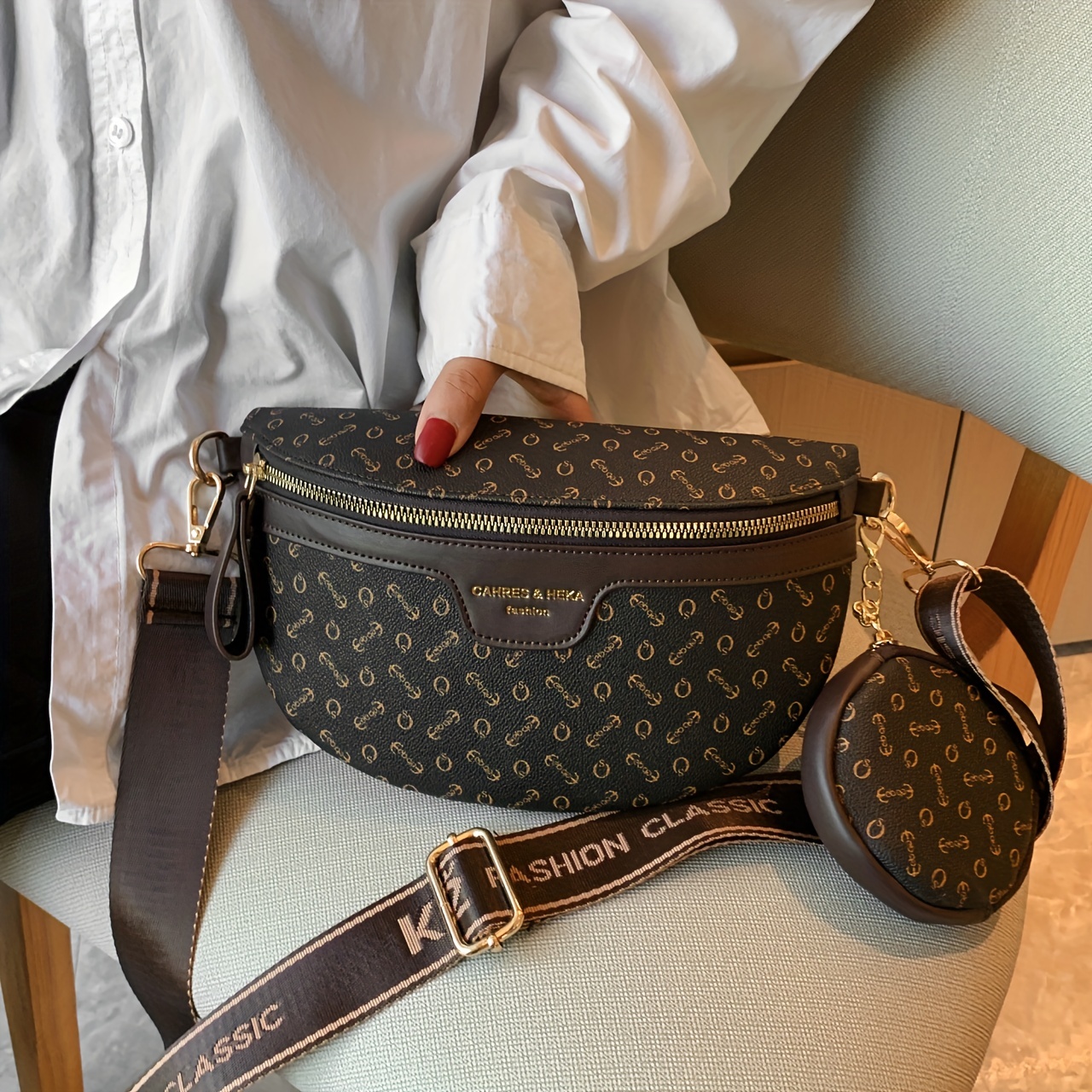 Allover Print Zipper Chest Bag With Little Pouch, Pu Leather Versatile  Crossbody Bag, Letter Print Adjustable Strap Fanny Pack - Temu