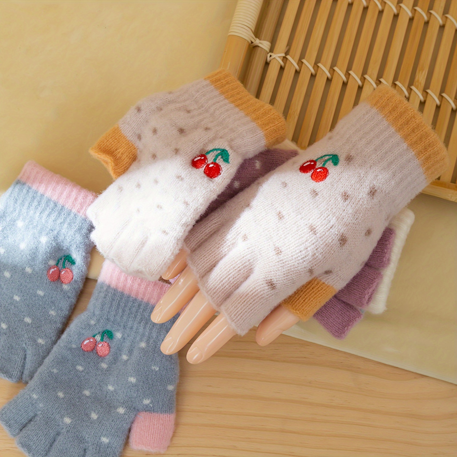 Warm Female Winter Open Finger Cartoon Embroidered Cherry Warm