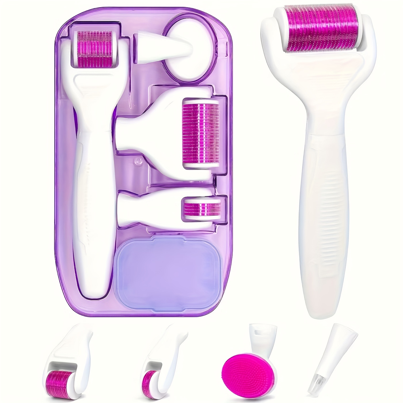 

6 En 1 Kit De Rouleau De Derma Pour Le Visage Et Le Corps - 0,25mm Et 0,3mm Micro Aiguille Dermaroller Avec 5 Têtes Remplaçables, Boîtier De Rangement Et Réservoir De Désinfection