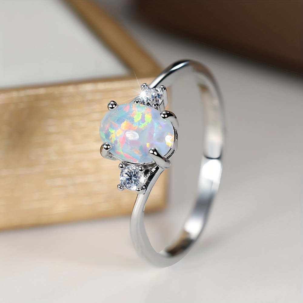 Women's Oval Australian Opal Ring in 925 Sterling Silver