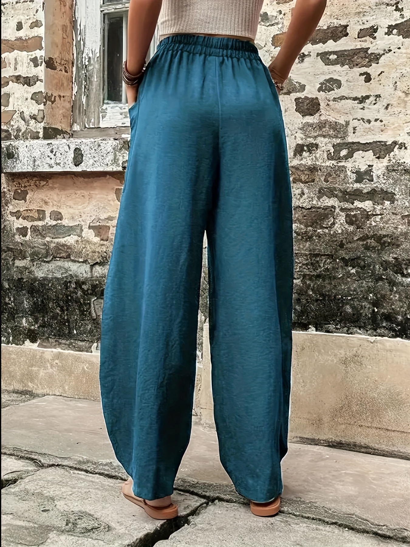 Boho Solid Elastic Waist Harem Pants Casual Long Length - Temu