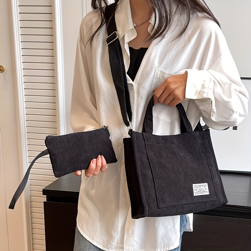 Casual Women's Corduroy Bag Set Solid Color Tote Bag Square - Temu