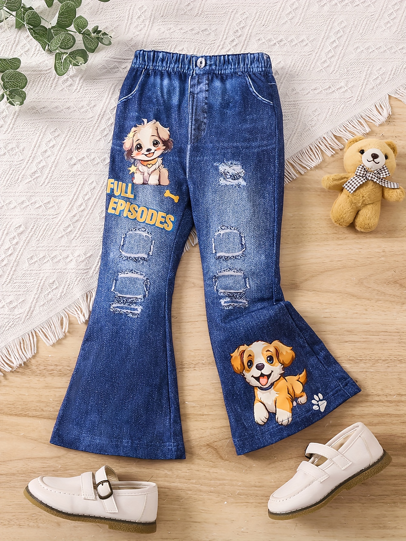 Puppy Graphic Imitation Denim Print Flare Pants Girls Comfy - Temu