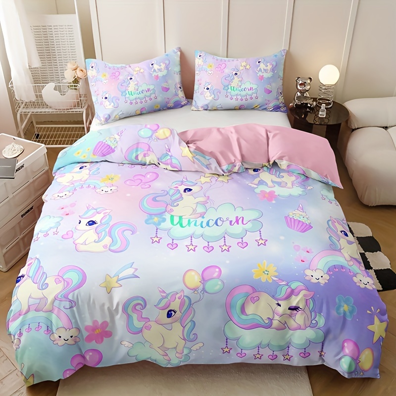 Conjunto de roupa de cama de unicórnio Kawaii tamanho Queen para