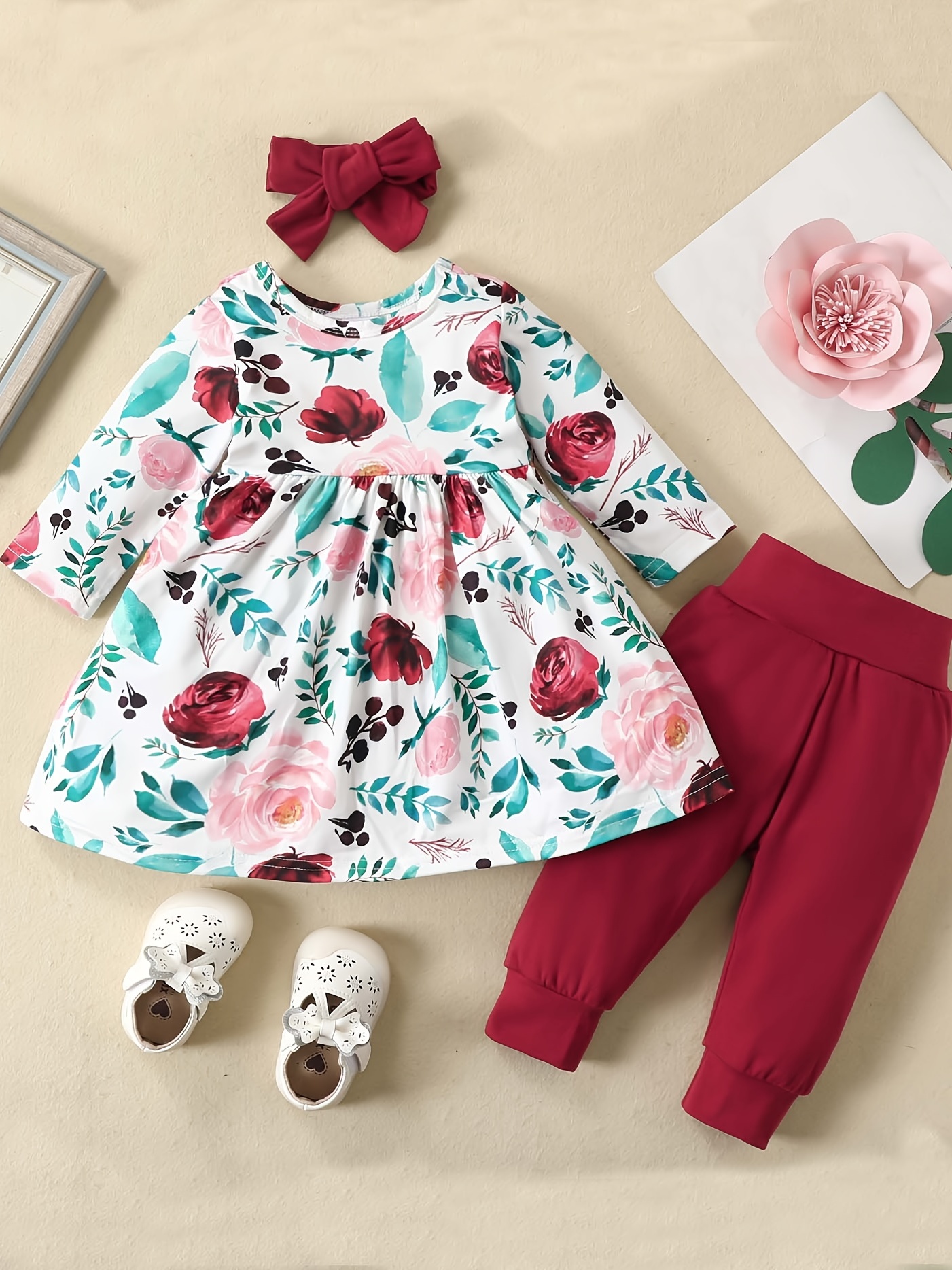 Baby Girl Christmas Outfit - Elegant Floral Print Dress, Pants, and Headband