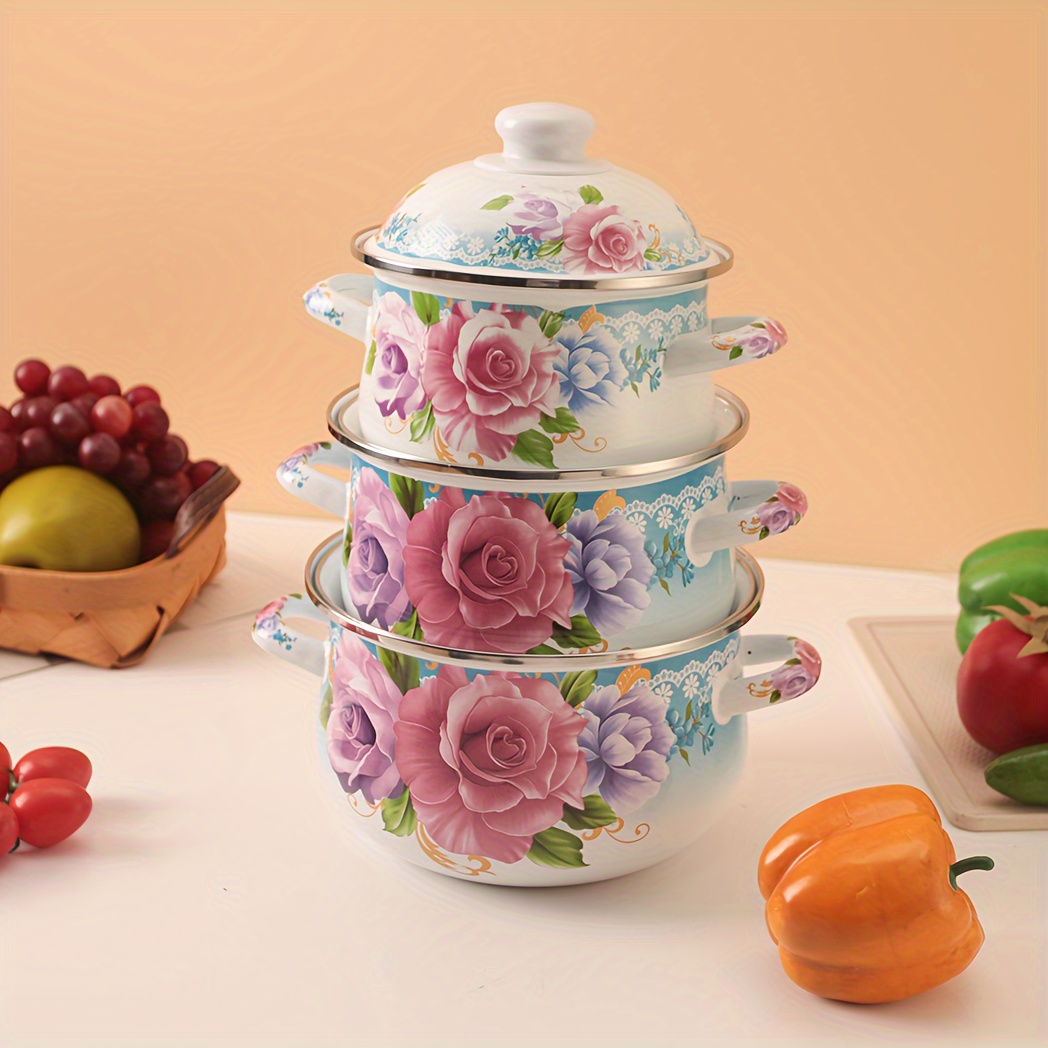 3pcs/set 12-14-16cm Enamel Pot With Glass Cover, Mini Pot, Full Flower  Multi-purpose Soup Pot