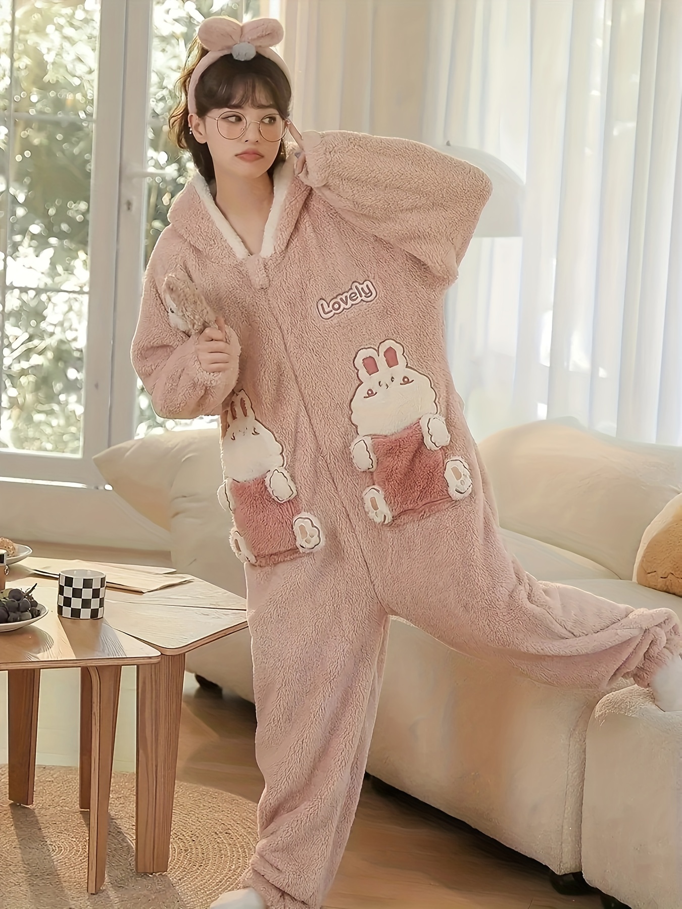 Cartoon Rabbit Hooded Jumpsuit For Music Festival, Long Sleeve Fuzzy  Pajamas With Pockets, Women's Sleepwear & Loungewear