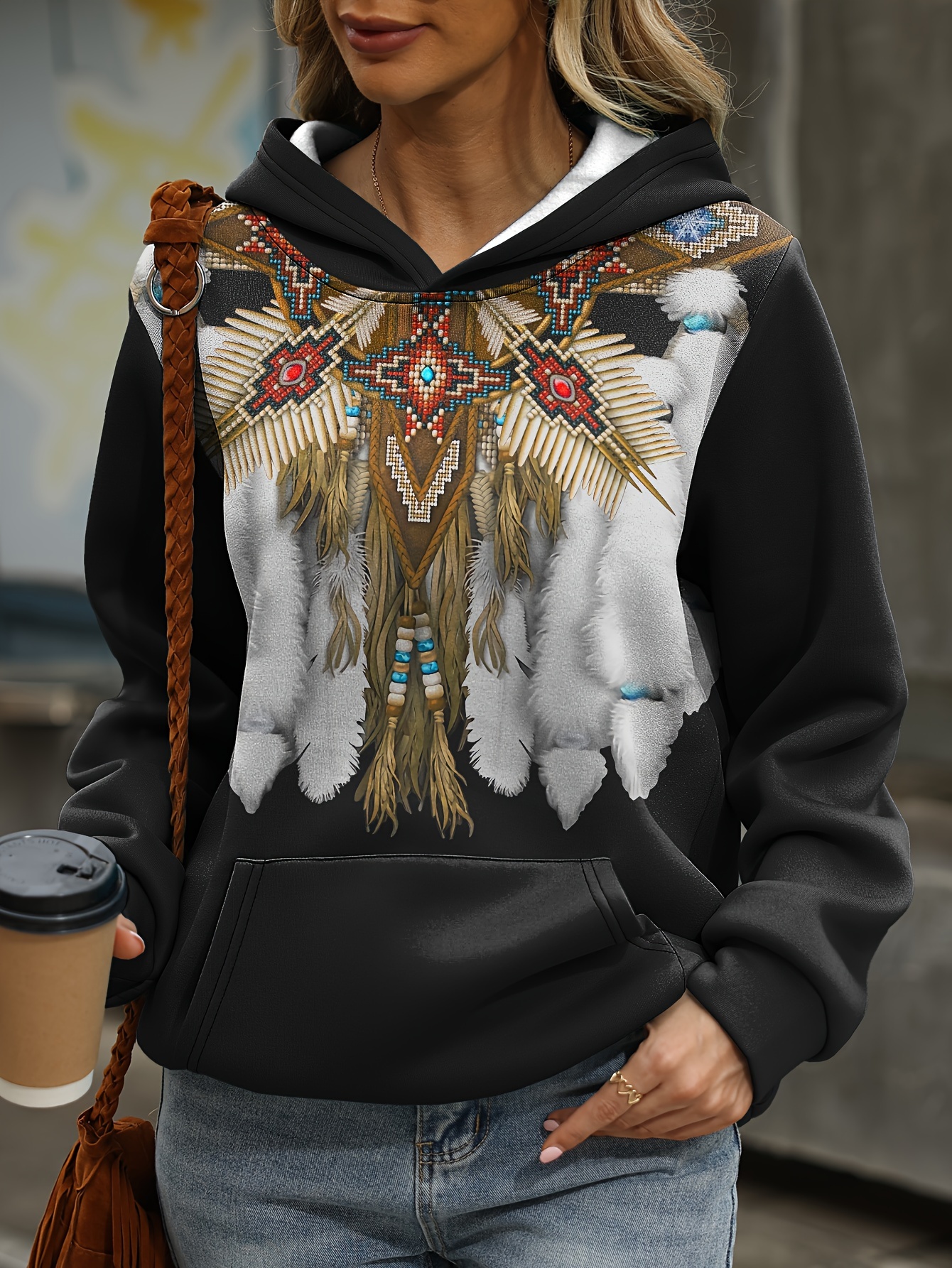 plus size casual sweatshirt womens plus tribal print long sleeve hooded slight stretch sweatshirt with kangaroo pockets details 2