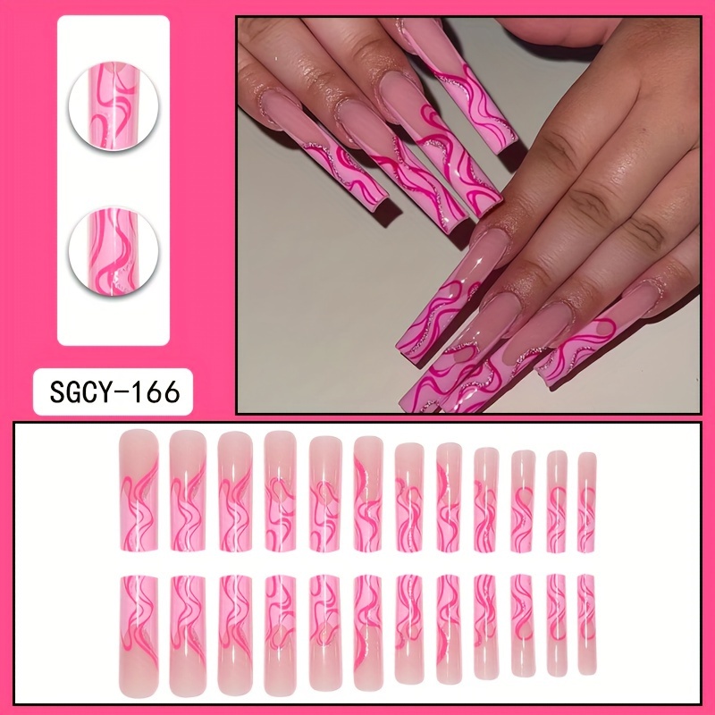 

24pcs Long Square Pinkish French Fake Nails Stripes Fake Nail Glitter Full Cover Acrylic Nail Set With 1pc Random Color Nail File & 1sheet Tape