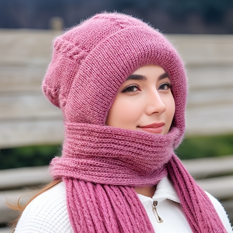 

Solid Color Textured Twist Knitted Hat, Neck Cover Ear Protection Winter Warm One-piece Beanie Hat Scarf
