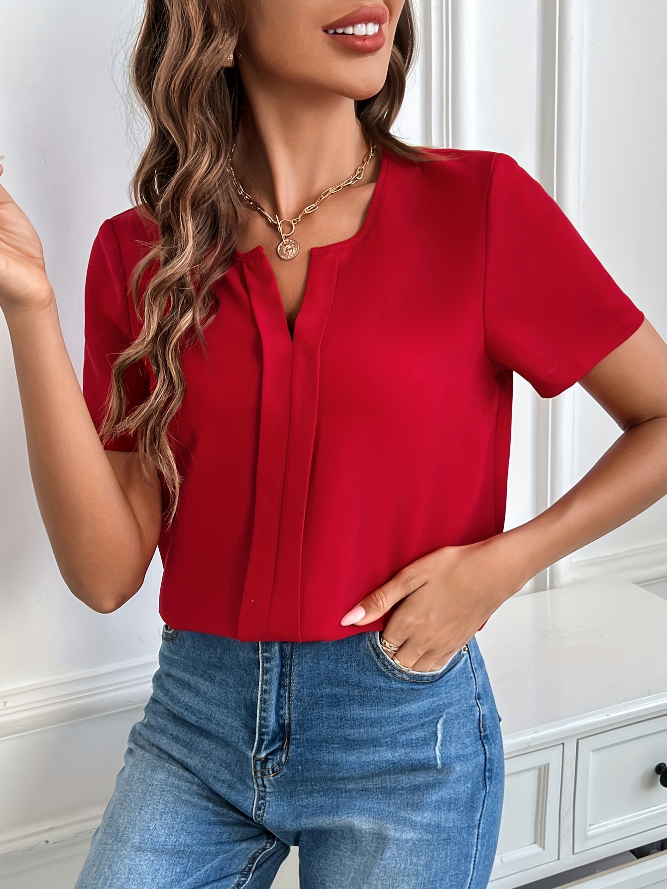 Solid V Neck Blouse Casual Short Sleeve Summer Comfy Blouse - Temu Canada