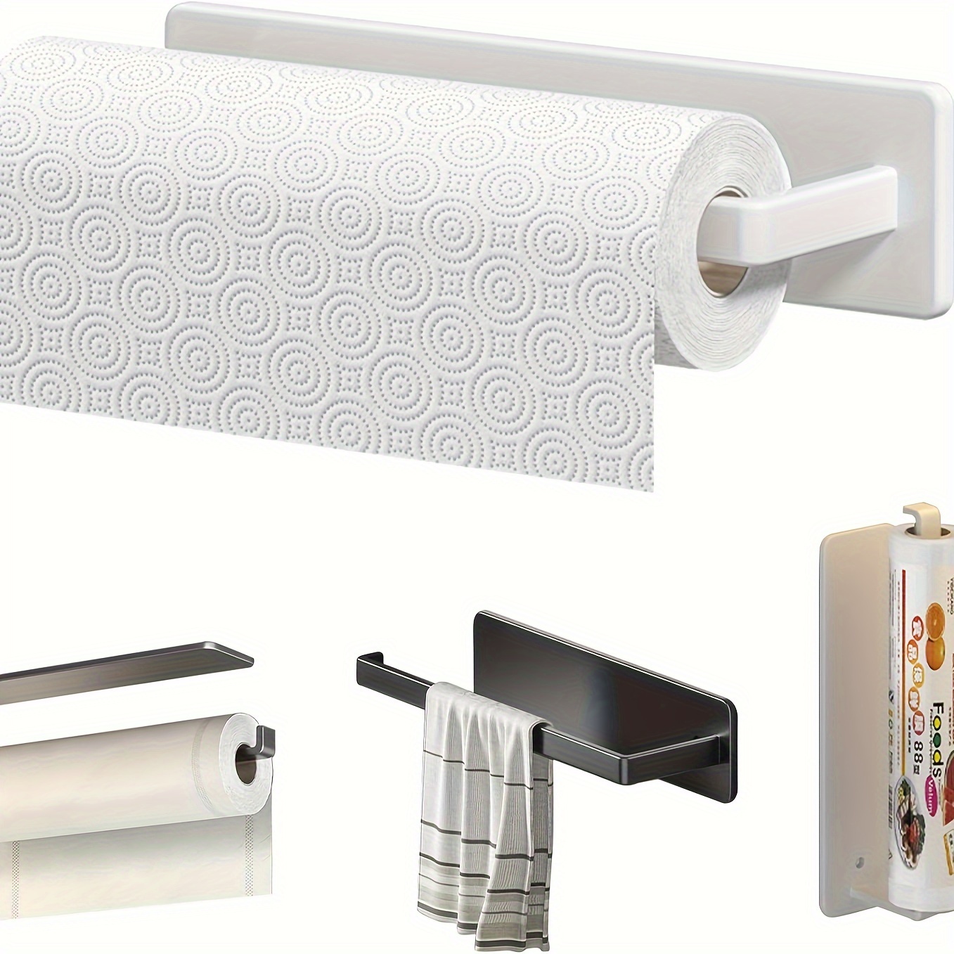 Kitchen Self Adhesive Paper Towel Holder Punch Free Shelf Cabinet Tissue  Hanger Cling Film Storage Rack