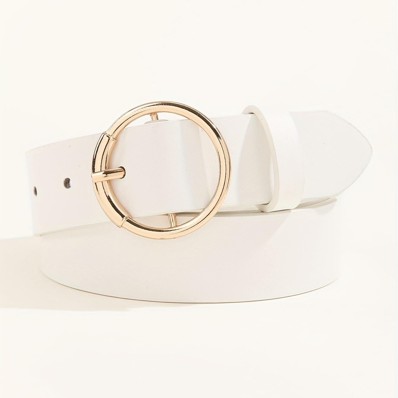 Golden Round Pin Buckle Belt White Simple Pu Leather Belt - Temu Canada