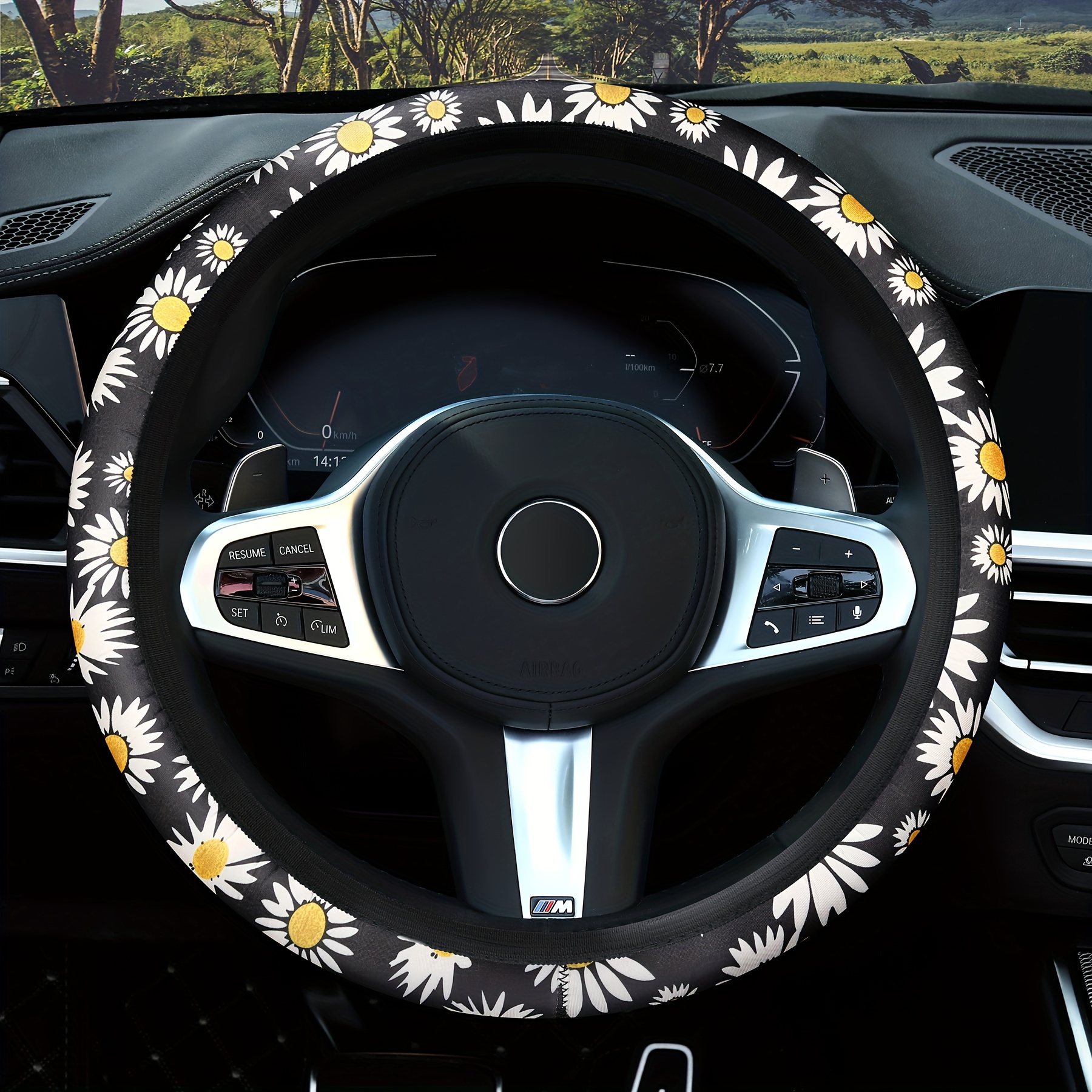 Car steering wheel cover daisy flower auto interior decoration knitted steering  wheel cover