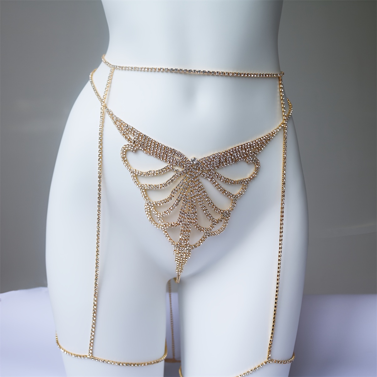 Silver Rhinestone Body Chain Cross Over Necklace Bra Harness Belly Waist  Belt 