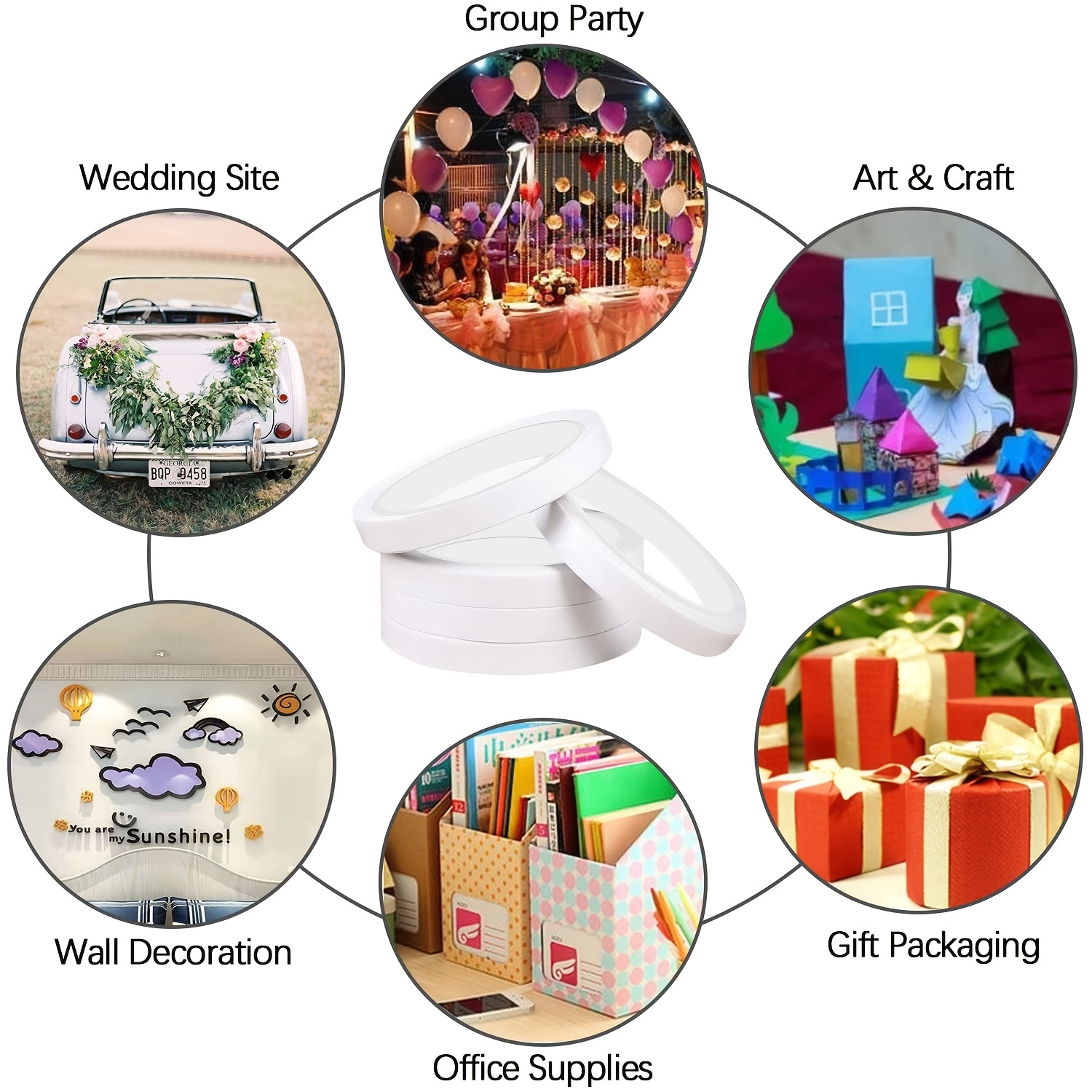 3 Rolls Double Sided Tape 0.5-1.5 Width Tear by Hand Paper Backing