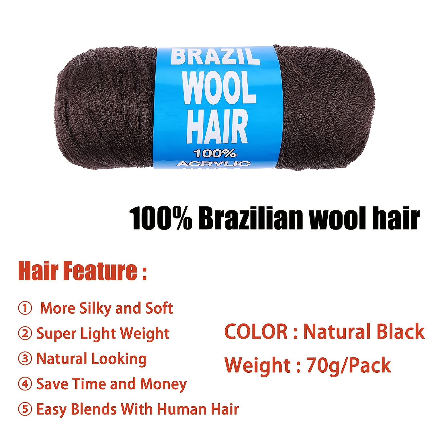 4Pcs Dark Grey Brazilian Wool Hair for Braids Acrylic Hand Knitting Yarn  for Hair Braiding Hair Extension Faux Locs African Crochet Braid(#Grey)