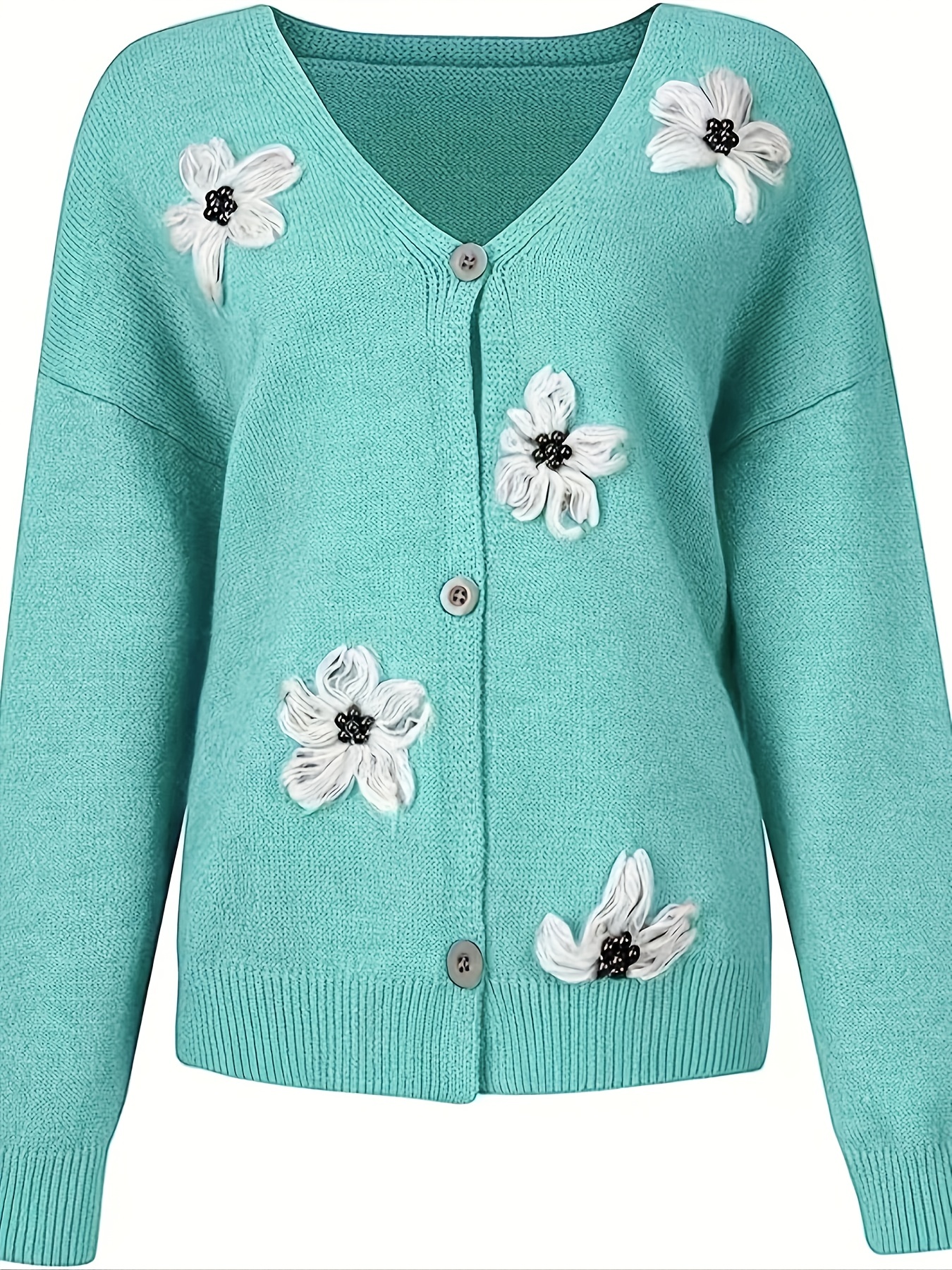 Daisy Pattern Embroidered Knitted Cardigan Button Front - Temu