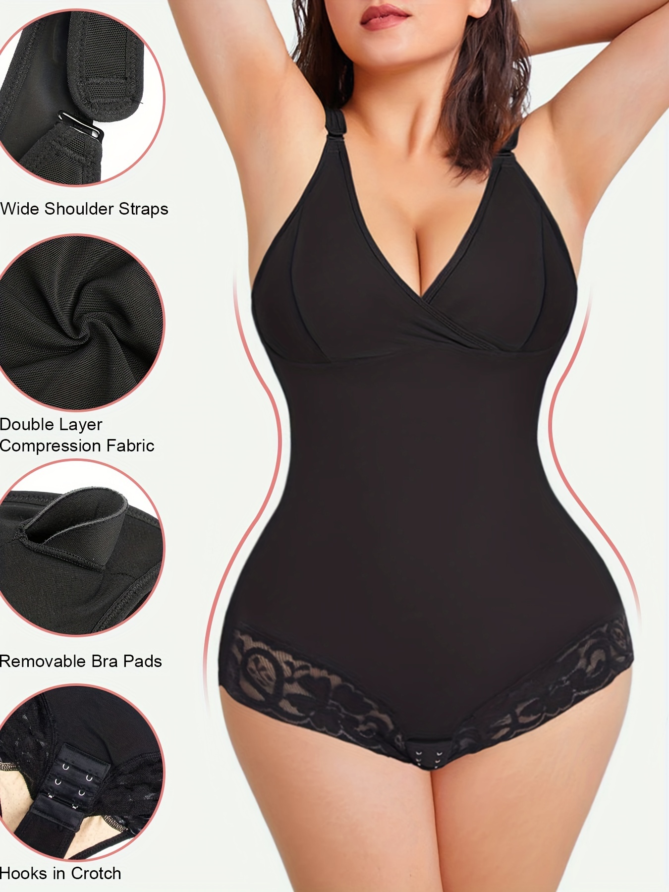 Contrast Lace Shaping Bodysuit Deep V Tummy Control Slim Fit - Temu Canada