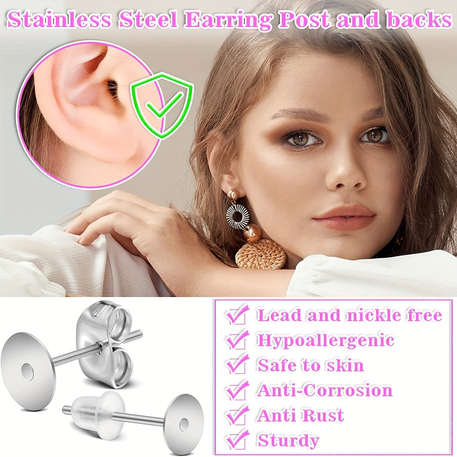  200pcs Earring Posts and Backs, Hypoallergenic Stainless Steel  Earrings Posts Flat Pad Blank Earring Pin Studs with Bullet Earring Backs  for Jewelry Making Findings DIY Stud Earring(Gold)