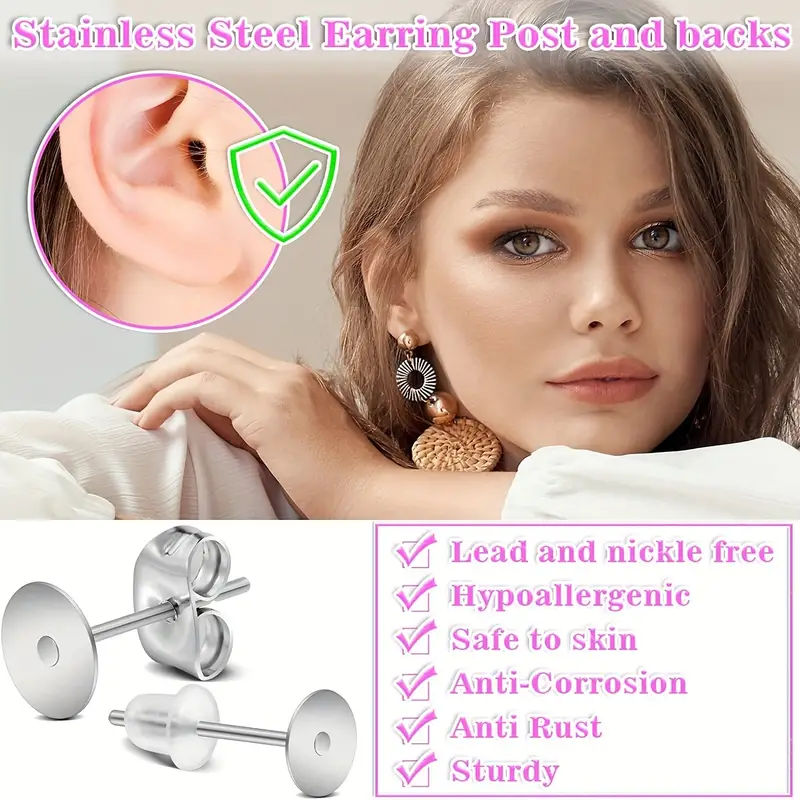 600pcs Stainless Steel Earring Posts Blanks Hypoallergenic Earring Posts  With Rubber Earring Backs For Jewelry Making