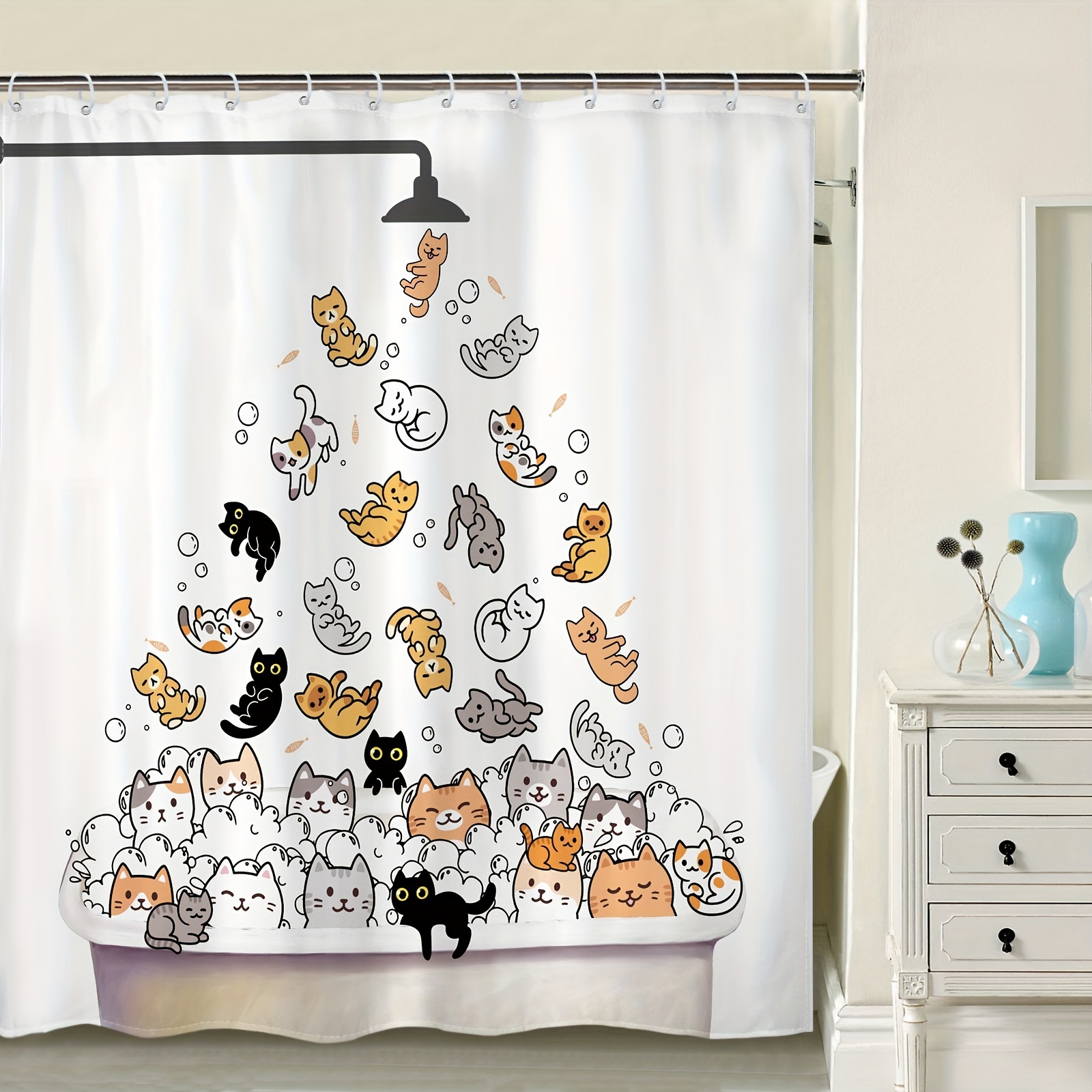 

1pc Cute Cat Pattern Shower Curtain With 12 Hooks, Waterproof And Mildew-proof Polyester Bath Curtain, Multi-functional Bathroom Partition Curtain, Bathroom Decor, Curtain For Windows, 72*72in